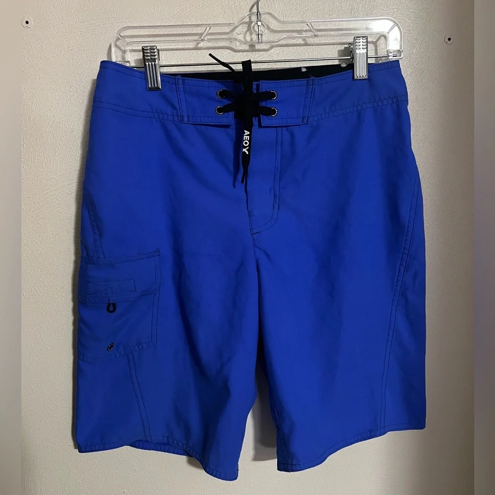 AMERICAN EAGLE Classic Summer Tie Waist Board Shorts Royal Blue Black‎ Men's XS
